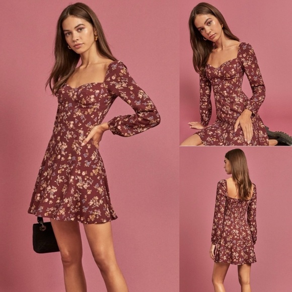 Reformation Dresses & Skirts - Reformation Mochi dress Chantelle maroon floral size 4 smocked milkmaid babydoll